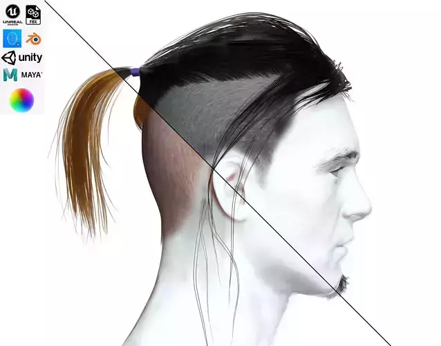 Realistic Man Hair - Ponytail Shaved Sides Low-poly 3D model
