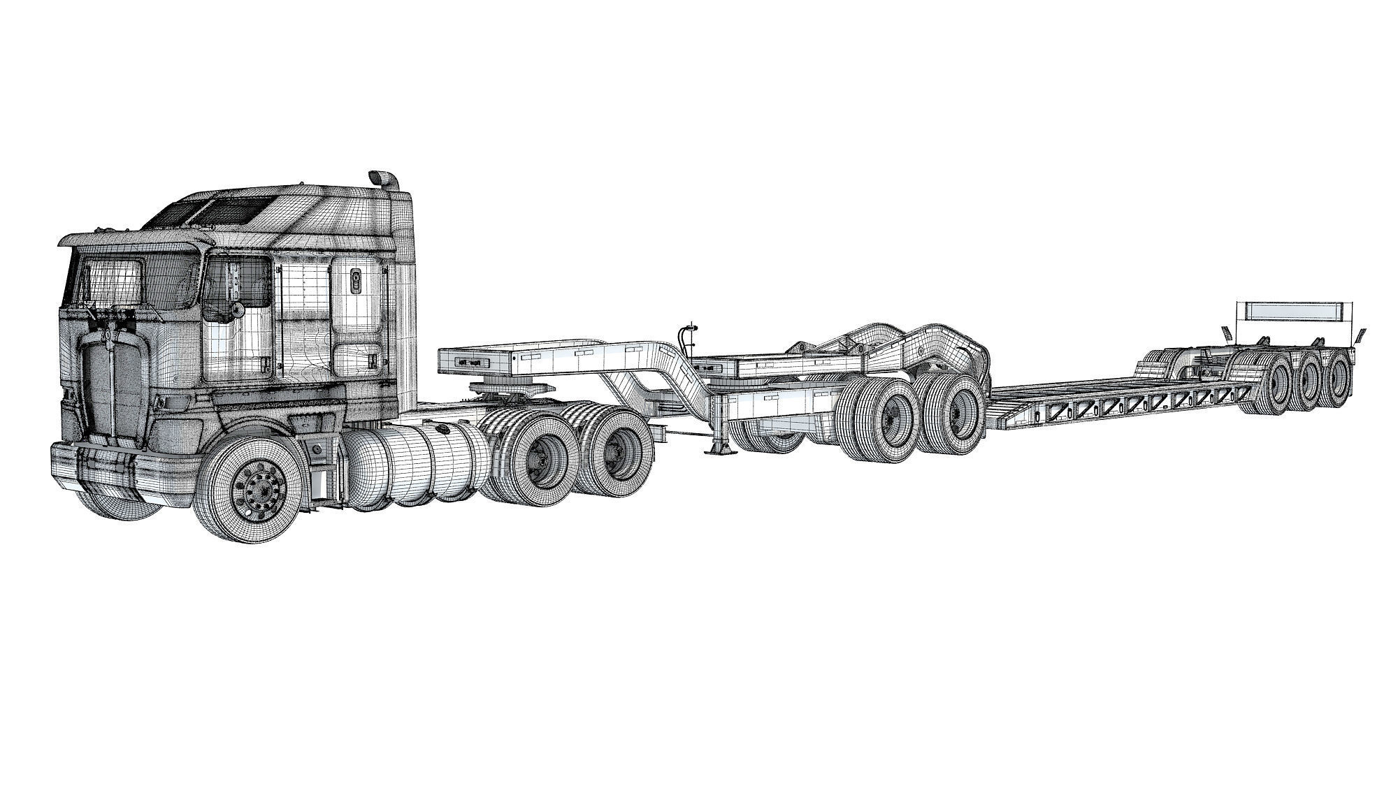 Semi Truck with Lowboy Trailer 3D model_17