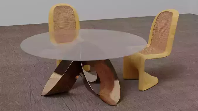 Dinner table and woods Patton chairs with wicker seats and backs