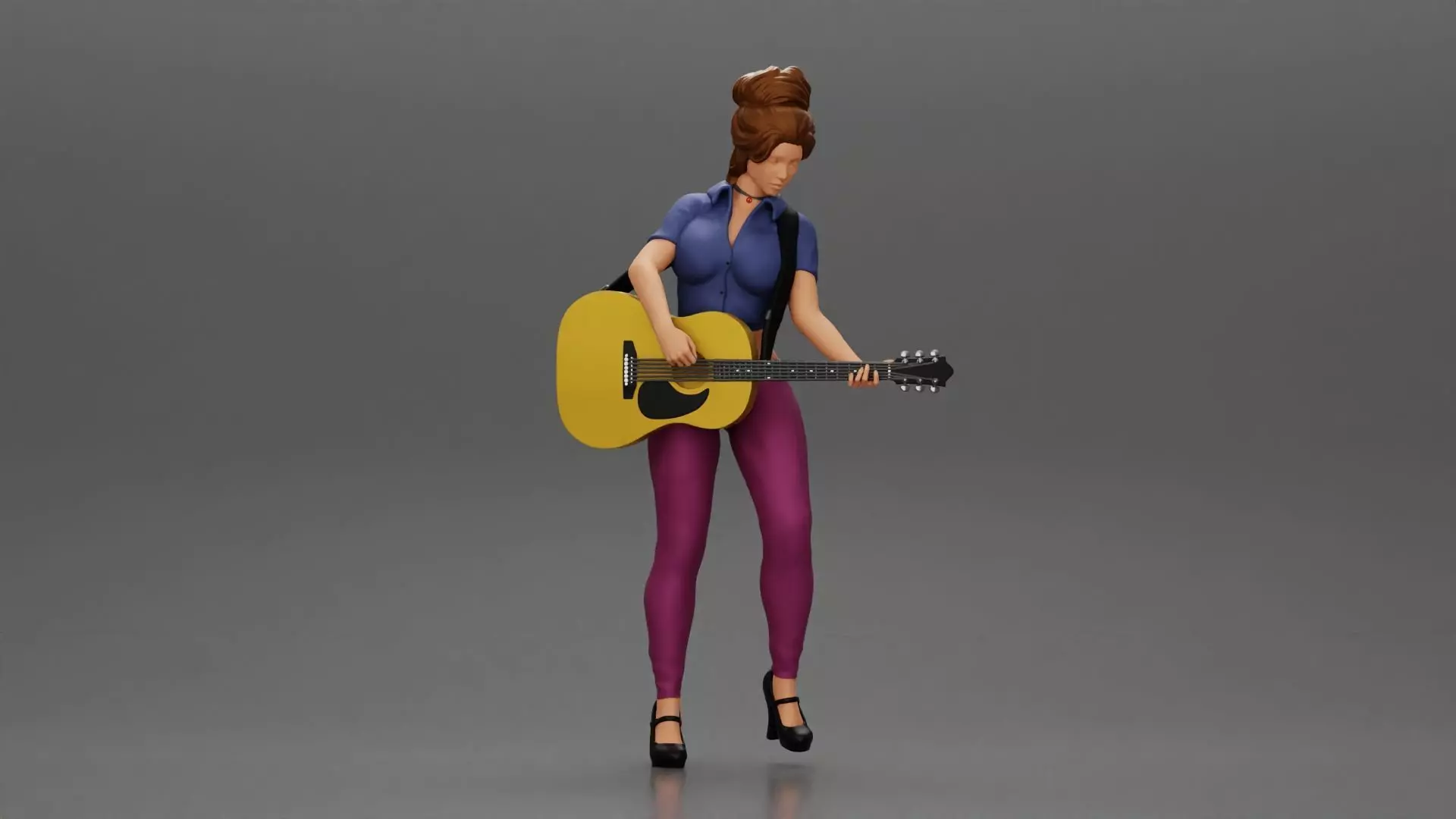 woman with short hair standing playing acoustic guitar on stage 3D print model_0