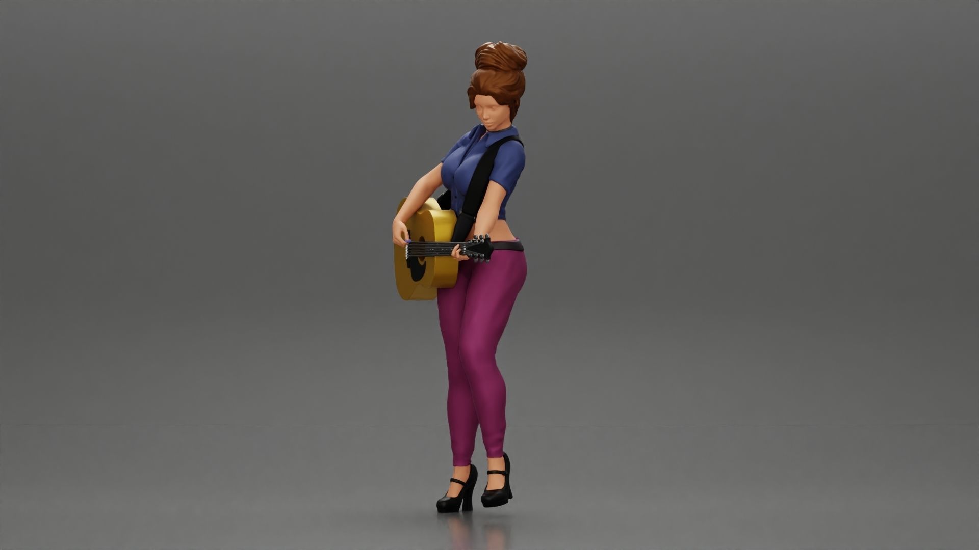 woman with short hair standing playing acoustic guitar on stage 3D print model_6