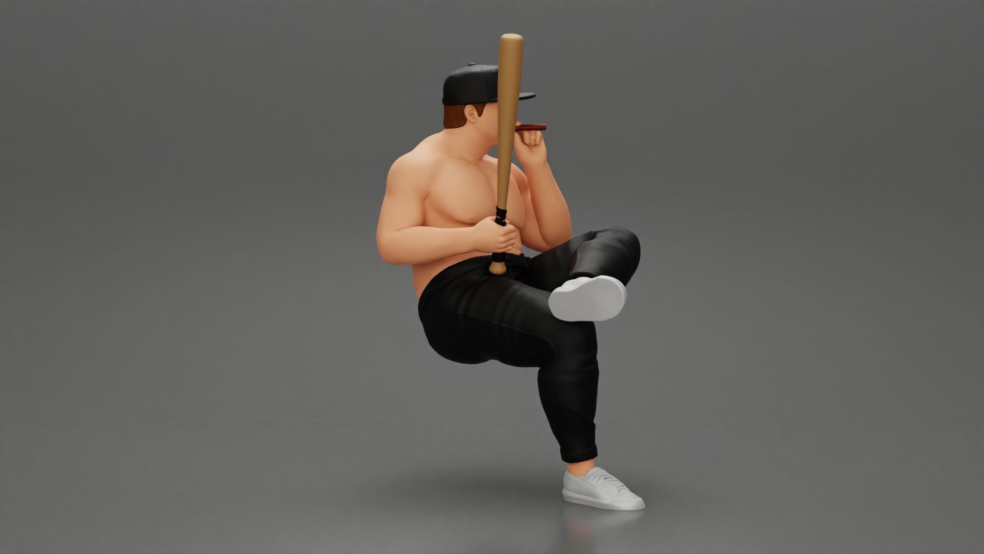 gangster man in a cap sitting holding a baseball bat and smoking 3D print model_1