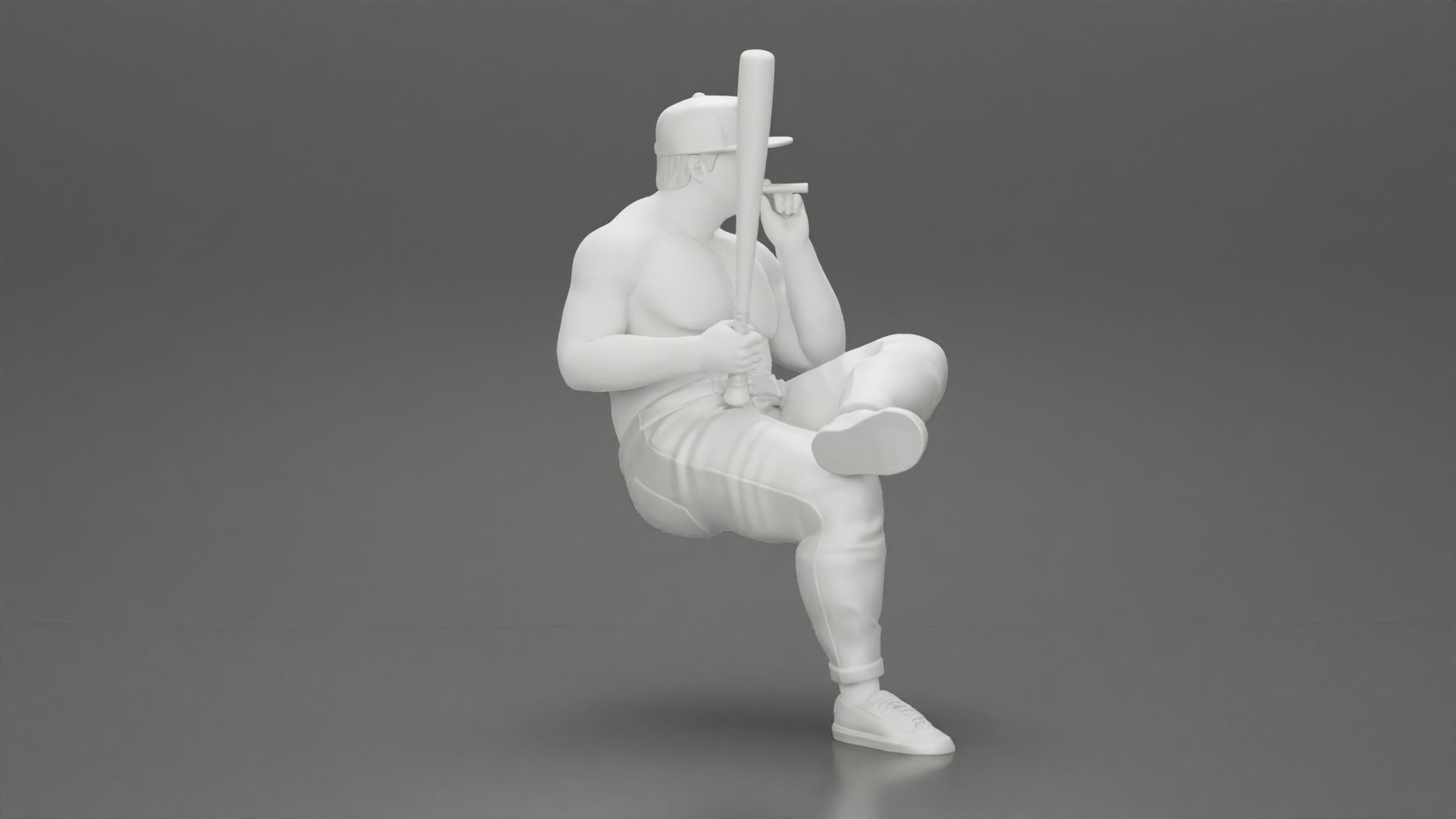 gangster man in a cap sitting holding a baseball bat and smoking 3D print model_7