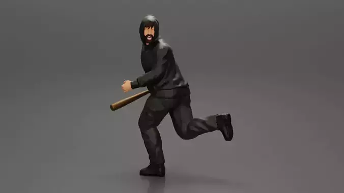 gangster man in hoodie fears running and holds a baseball bat