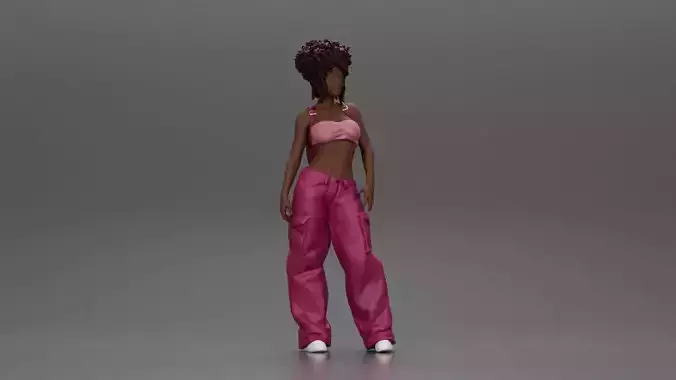 A hip-hop black girl in a bra and mini backpack wtih curly hair