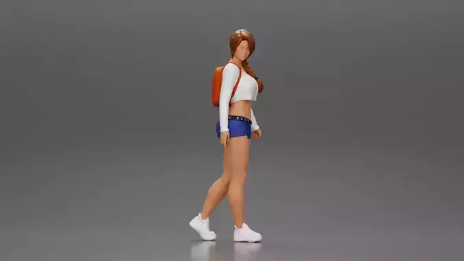 sexy girl walking in shorts and mini skirt and backpack 2 vers