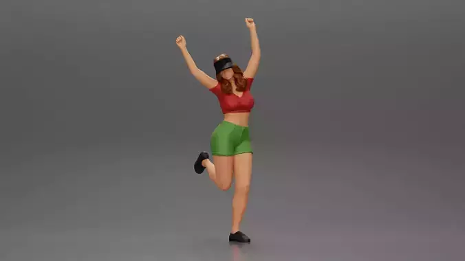 Happy girl in Mini shirt and tennis cap Standing on One Leg