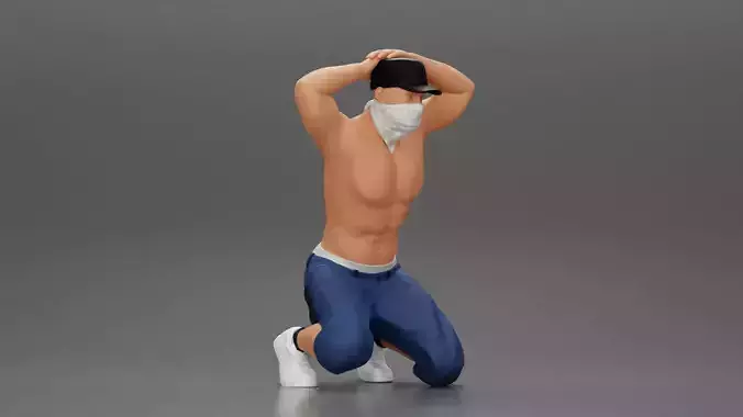 Gangster in mask and cap putting his hands behind head  3D print model