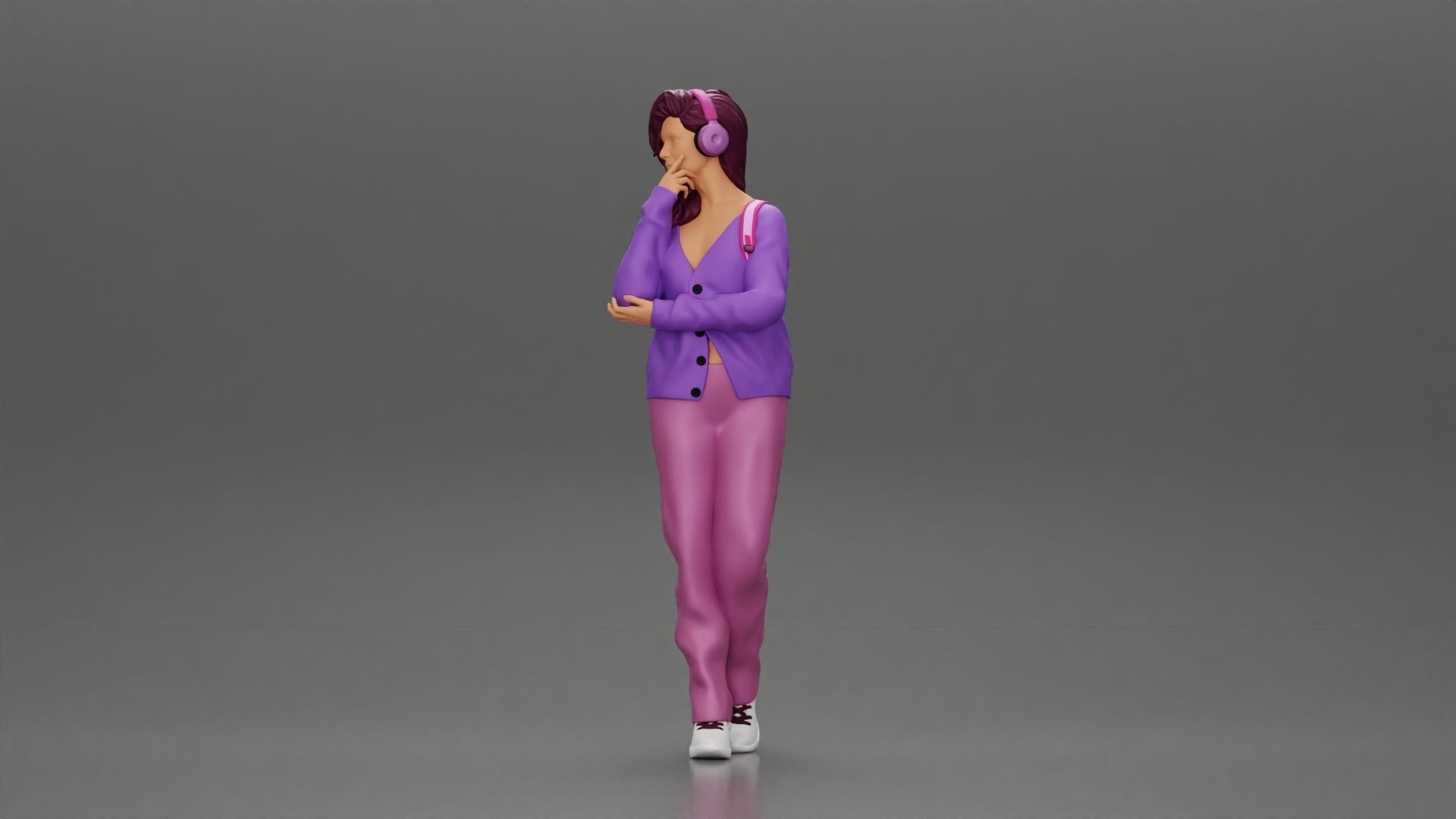 woman listening to music with headphones and carrying a backpack 3D print model_5