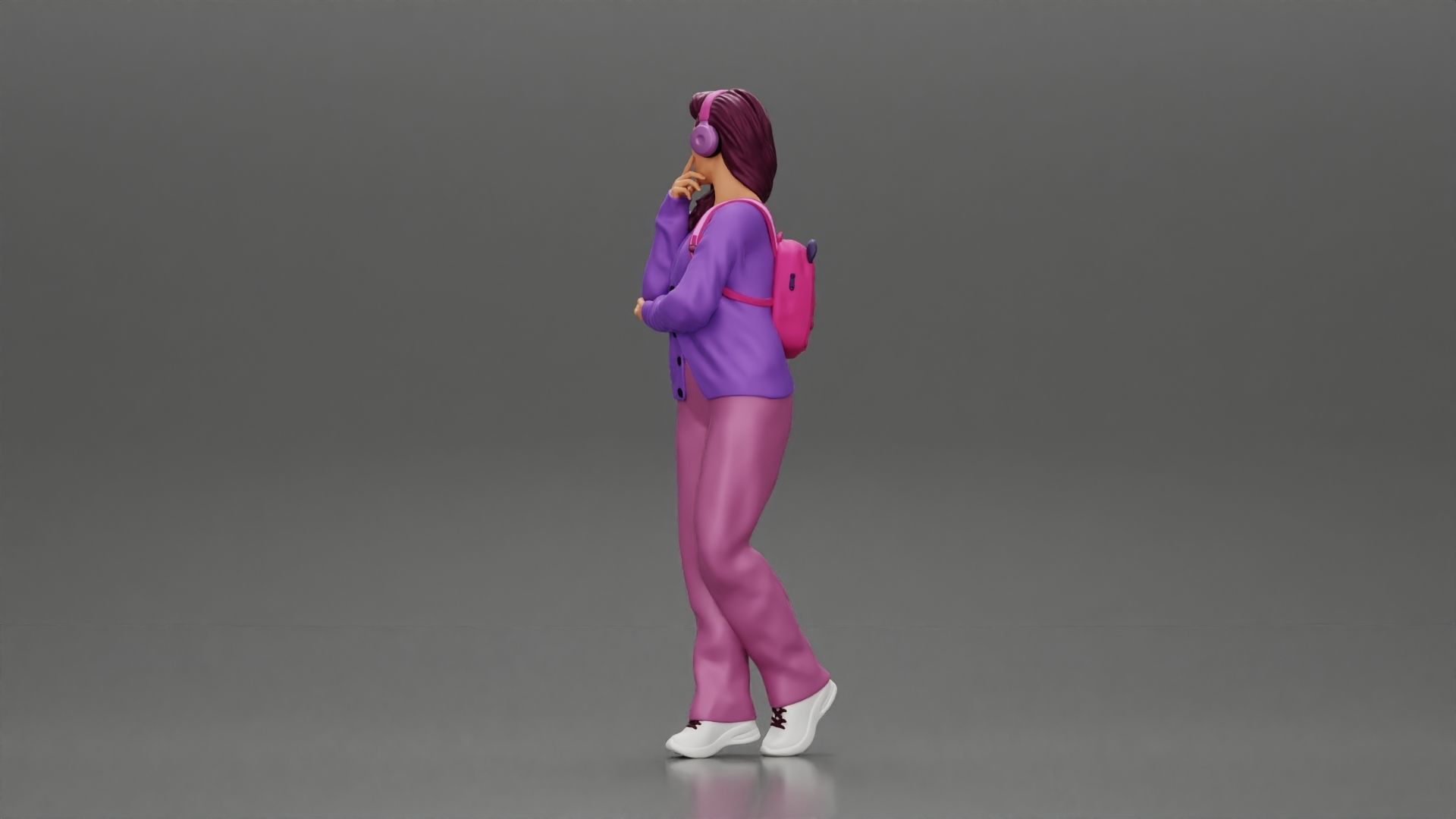 woman listening to music with headphones and carrying a backpack 3D print model_4