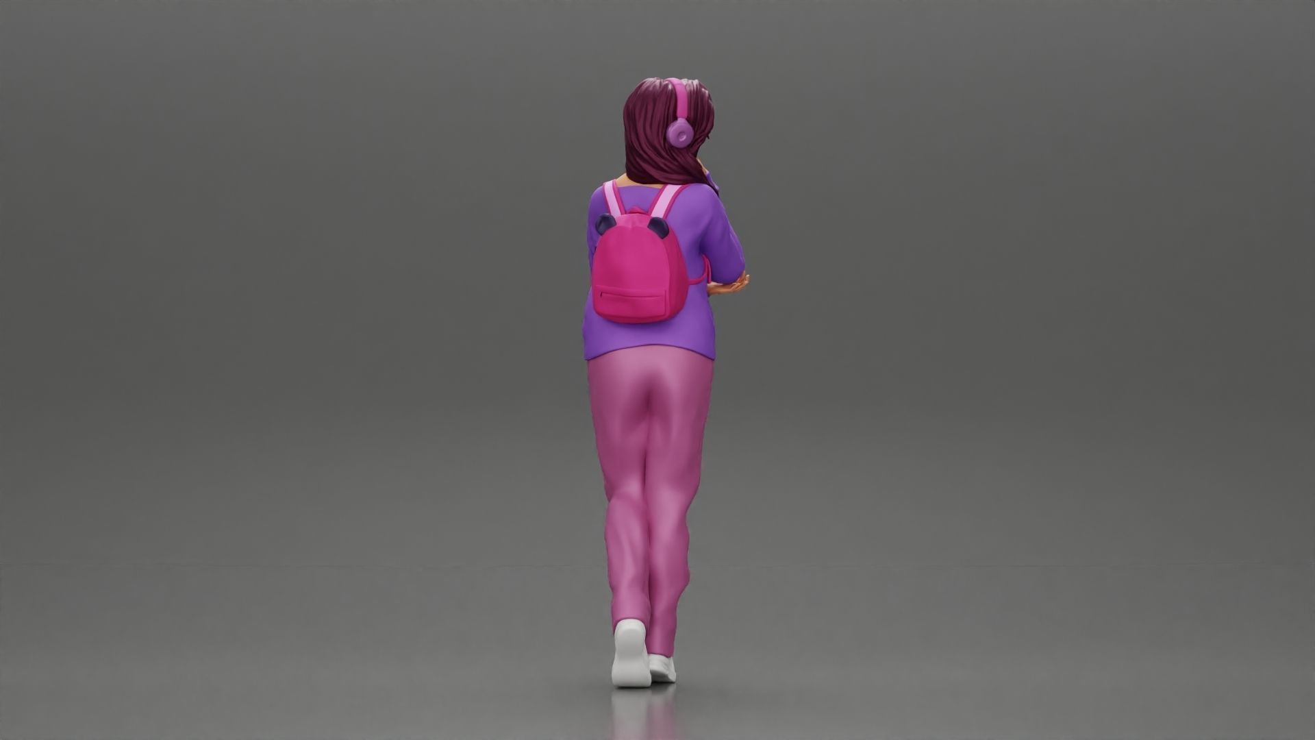 woman listening to music with headphones and carrying a backpack 3D print model_2