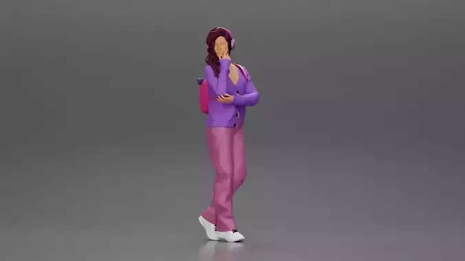 woman listening to music with headphones and carrying a backpack