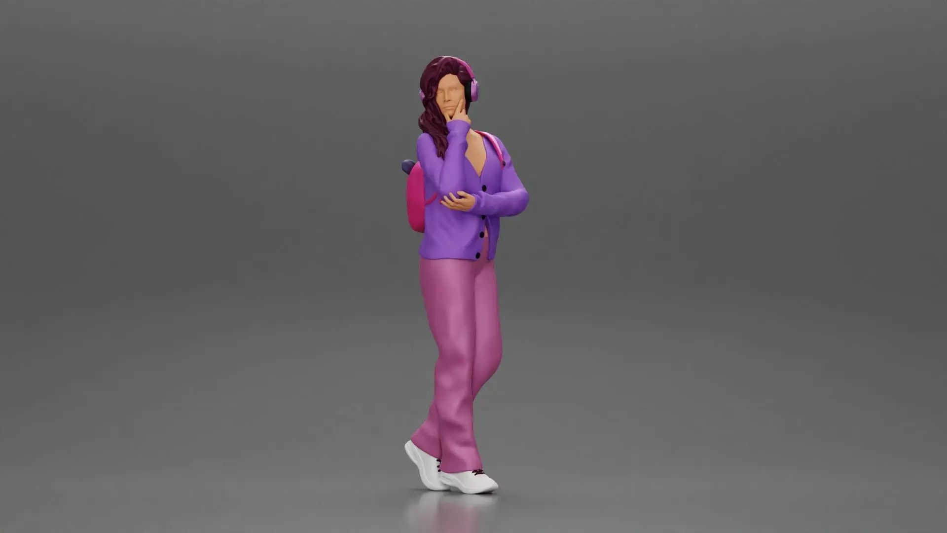 woman listening to music with headphones and carrying a backpack 3D print model_0