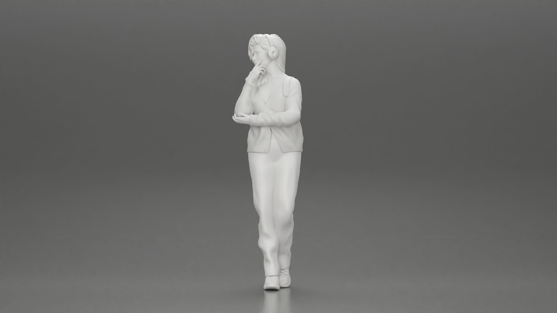 woman listening to music with headphones and carrying a backpack 3D print model_11