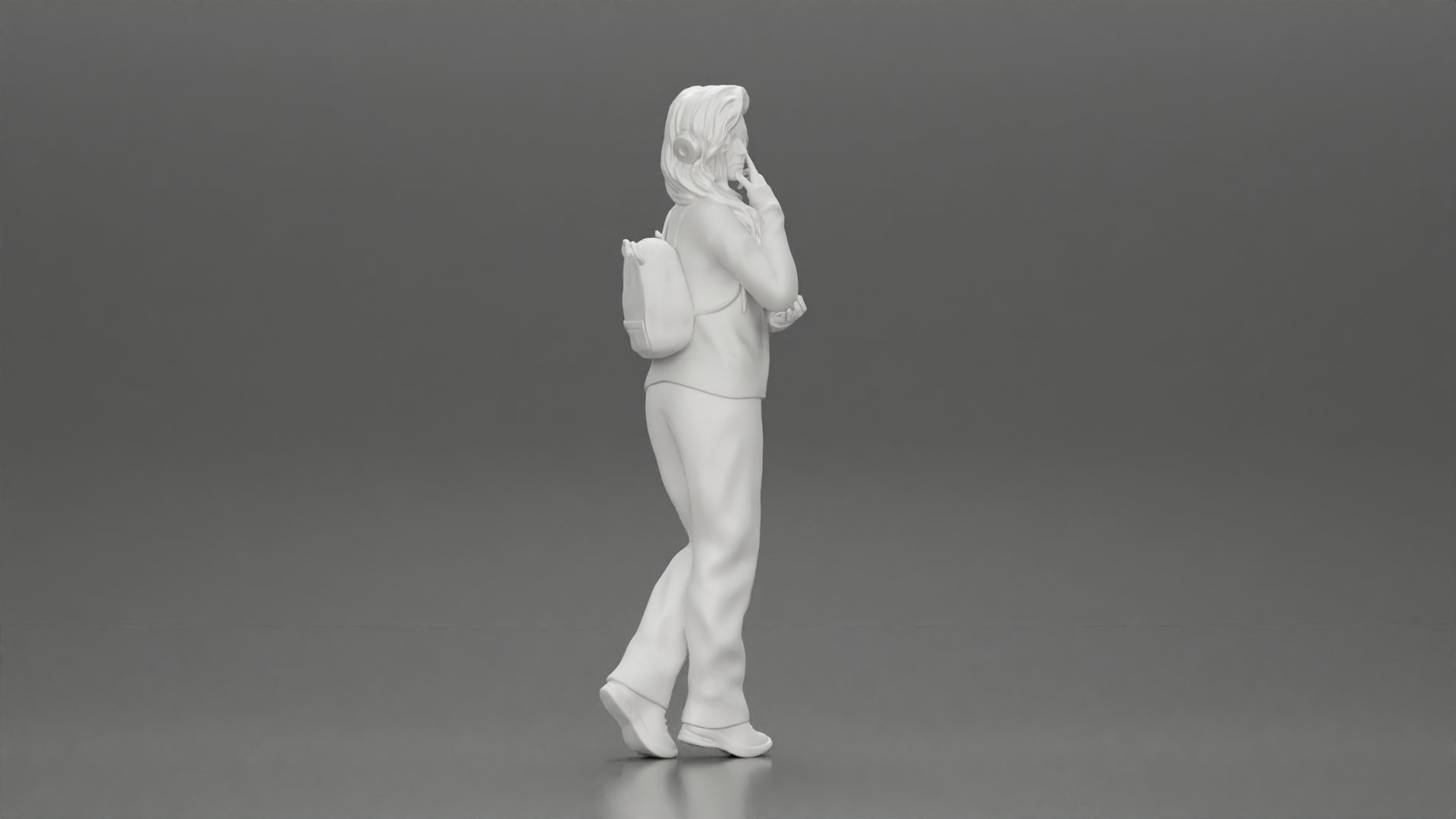 woman listening to music with headphones and carrying a backpack 3D print model_7