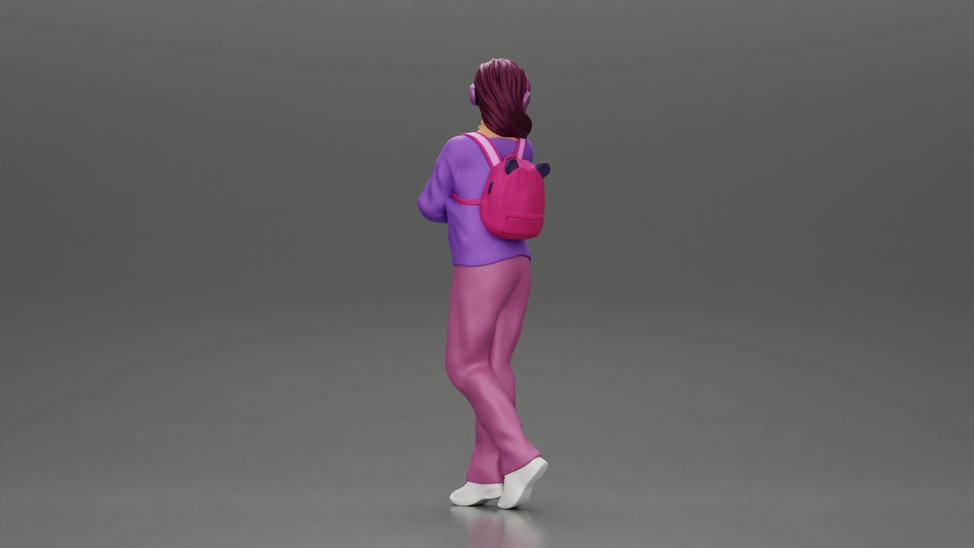 woman listening to music with headphones and carrying a backpack 3D print model_3