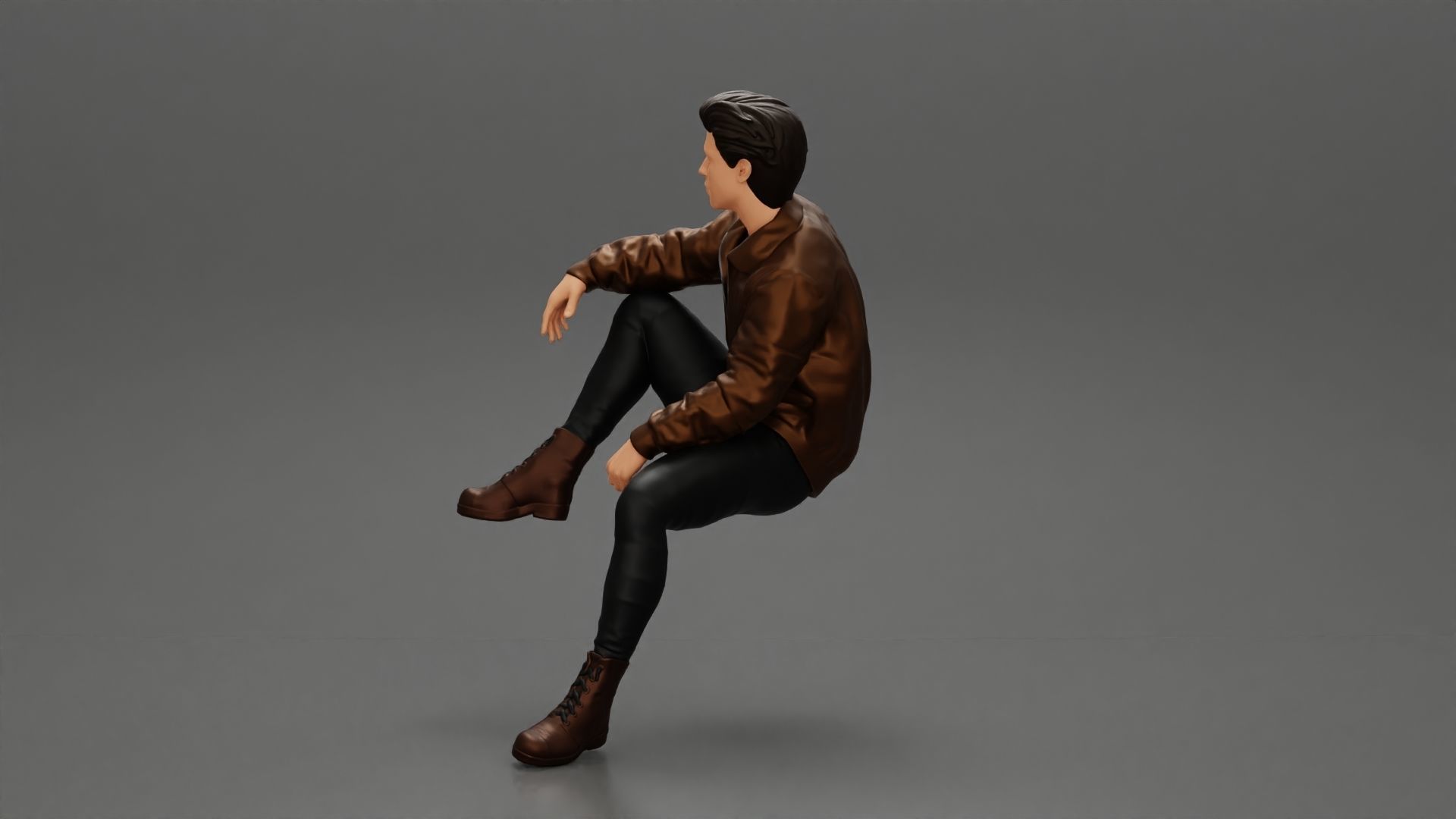 Handsome Young Man in Leather Jacket Looking Away while Sitting 3D print model_5