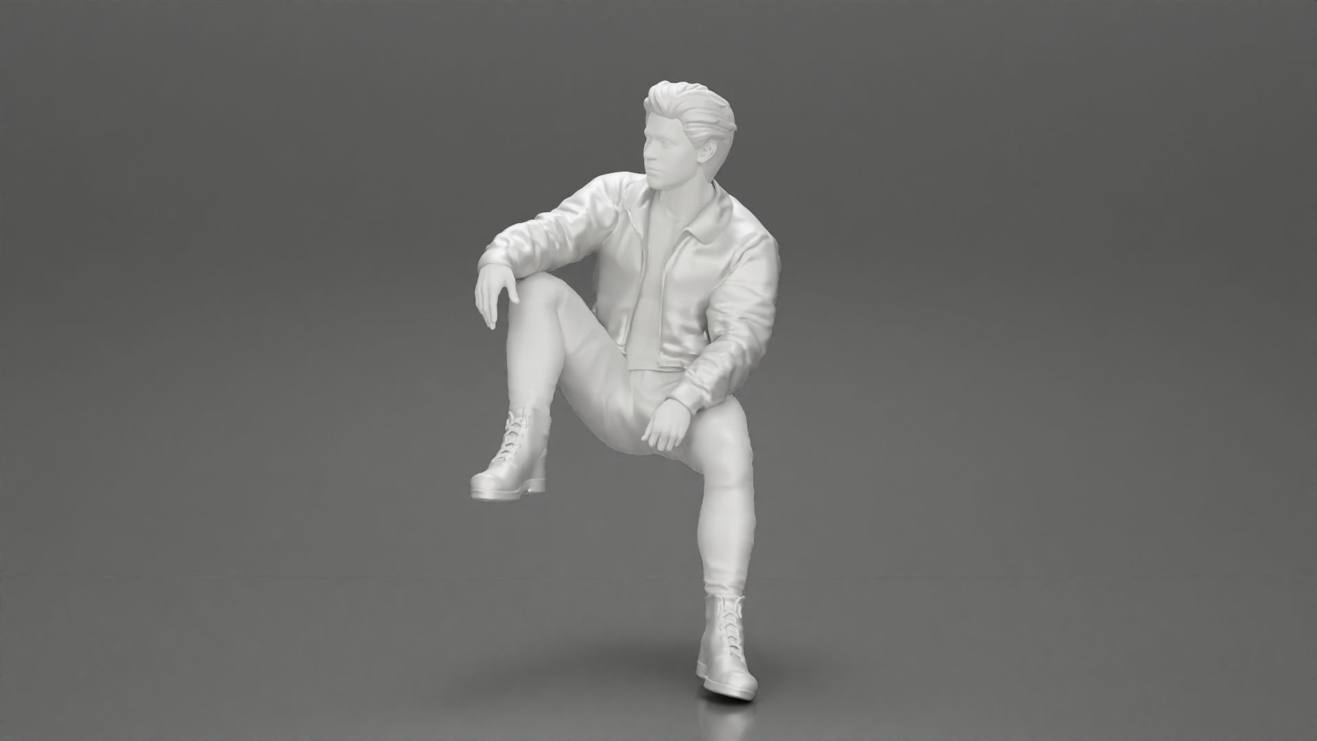 Handsome Young Man in Leather Jacket Looking Away while Sitting 3D print model_6