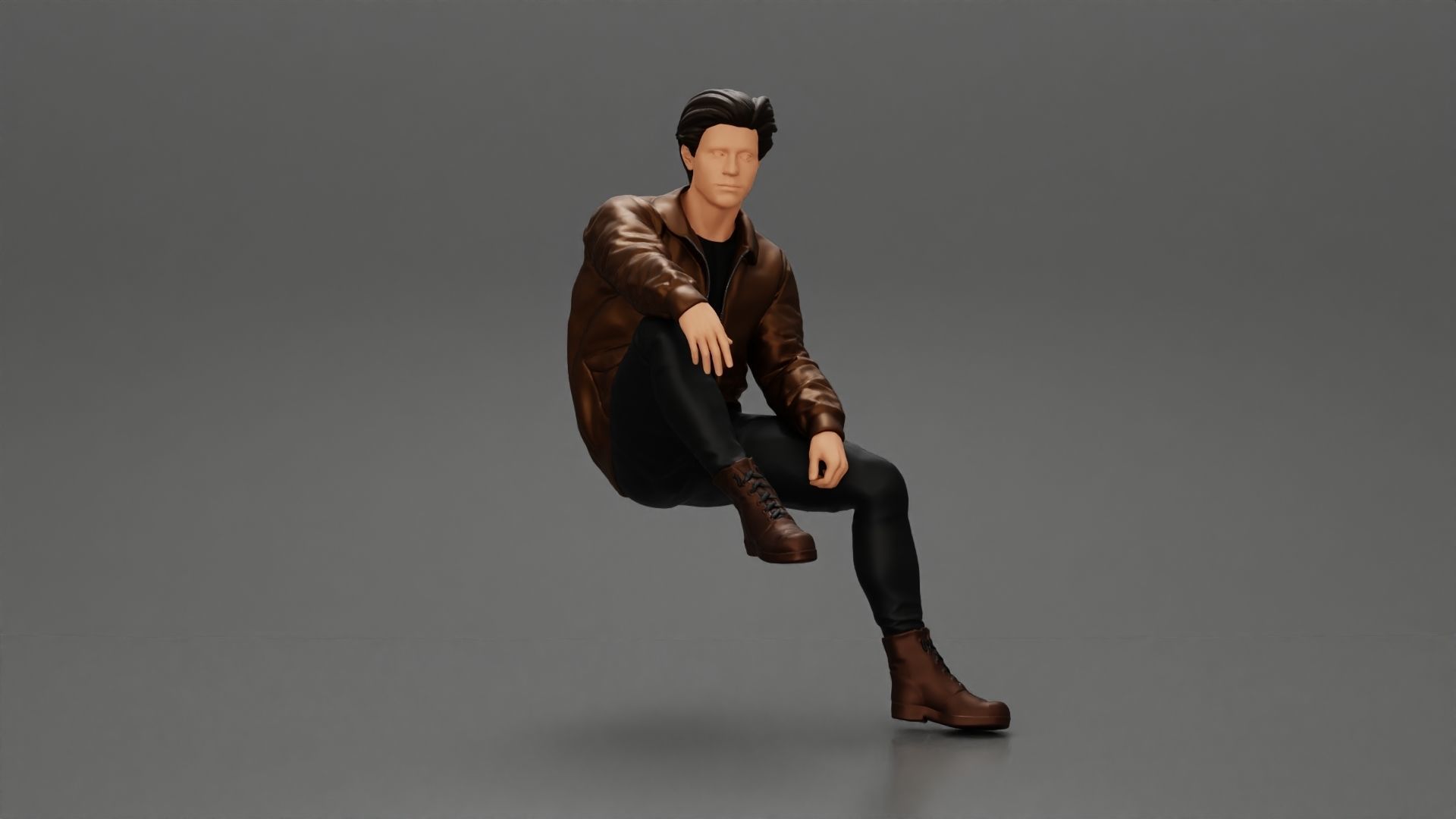 Handsome Young Man in Leather Jacket Looking Away while Sitting 3D print model_1
