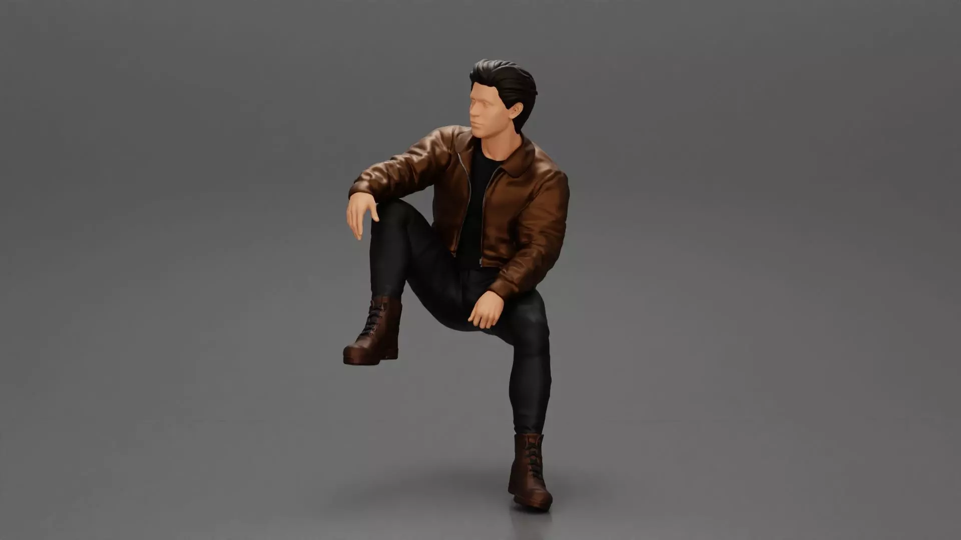 Handsome Young Man in Leather Jacket Looking Away while Sitting 3D print model_0
