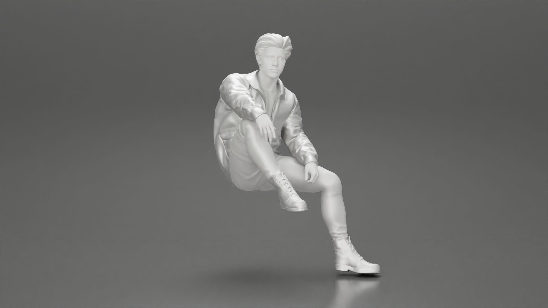 Handsome Young Man in Leather Jacket Looking Away while Sitting 3D print model_7
