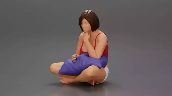 Girl watching TV in the bedroom sitting placing pillow on legs