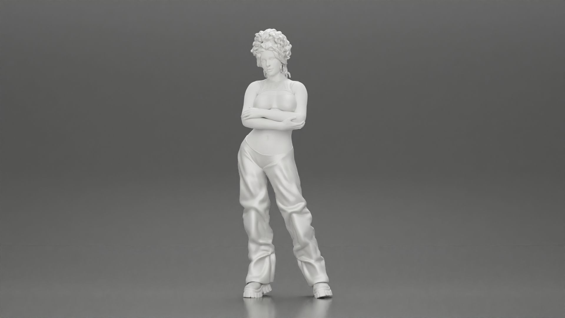 Chola girl with curly hair  in large pants with crossed hands 3D print model_6