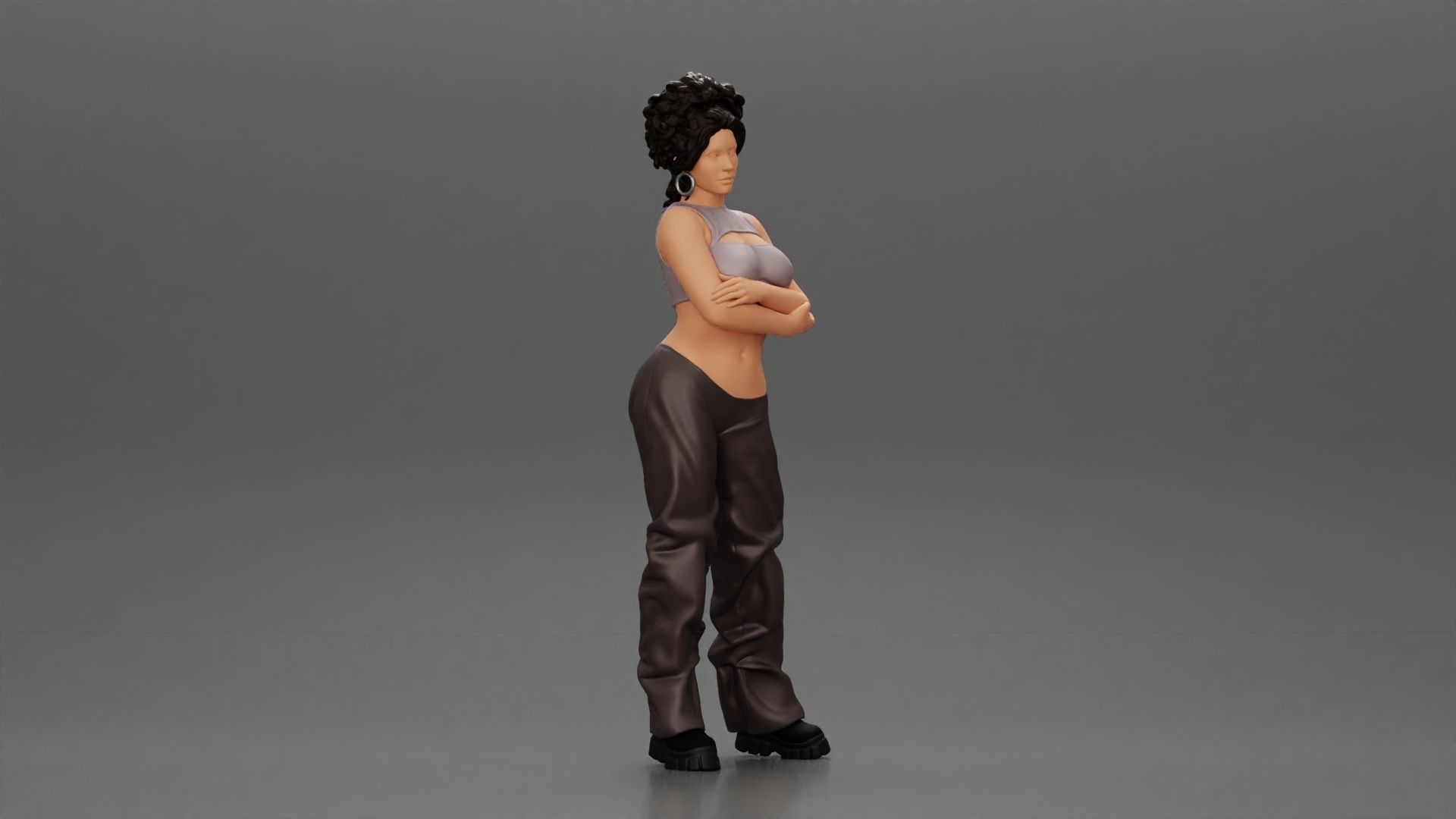 Chola girl with curly hair  in large pants with crossed hands 3D print model_1