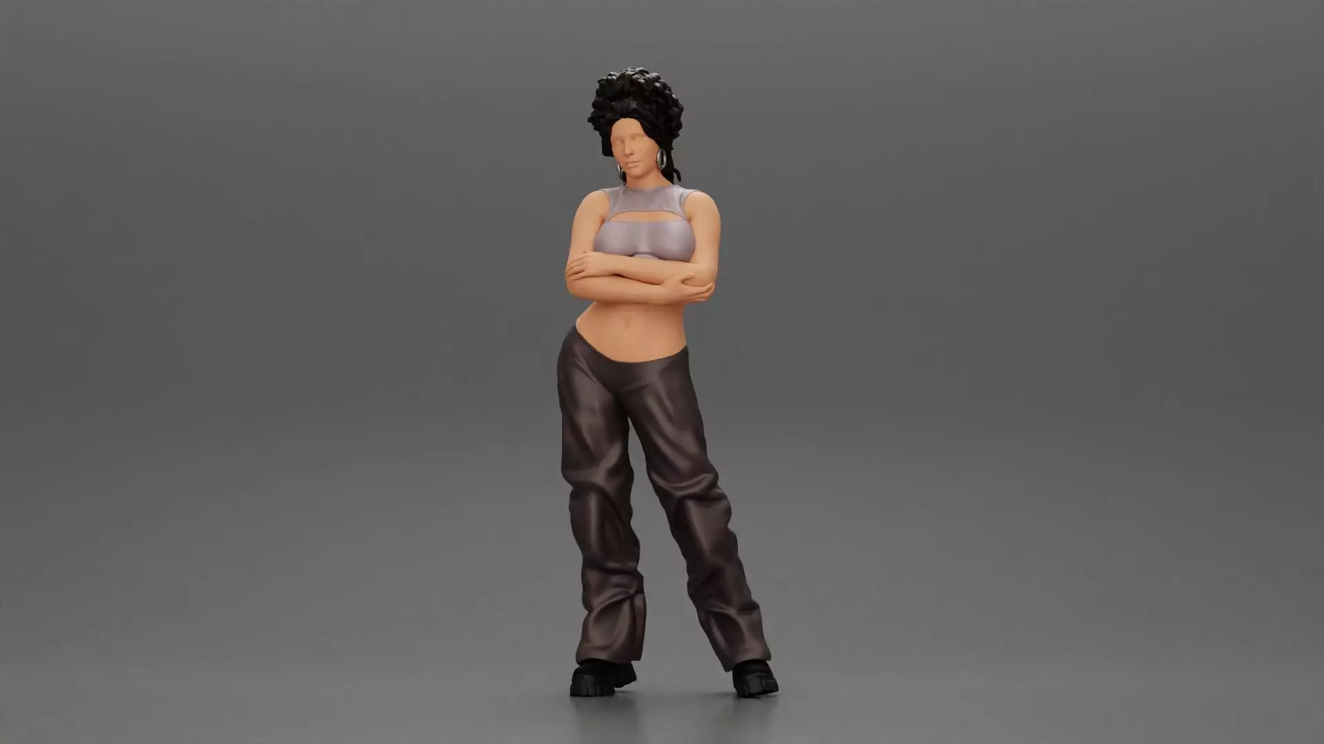 Chola girl with curly hair  in large pants with crossed hands 3D print model_0