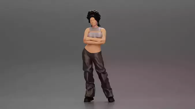 Chola girl with curly hair  in large pants with crossed hands