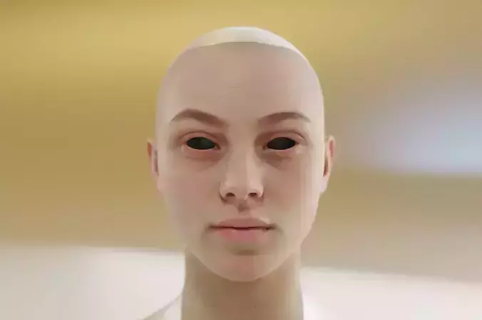 young female with softly rounded edges and long eyelashes