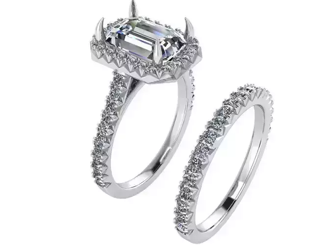 Emerald Halo Wedding Ring Set 0630