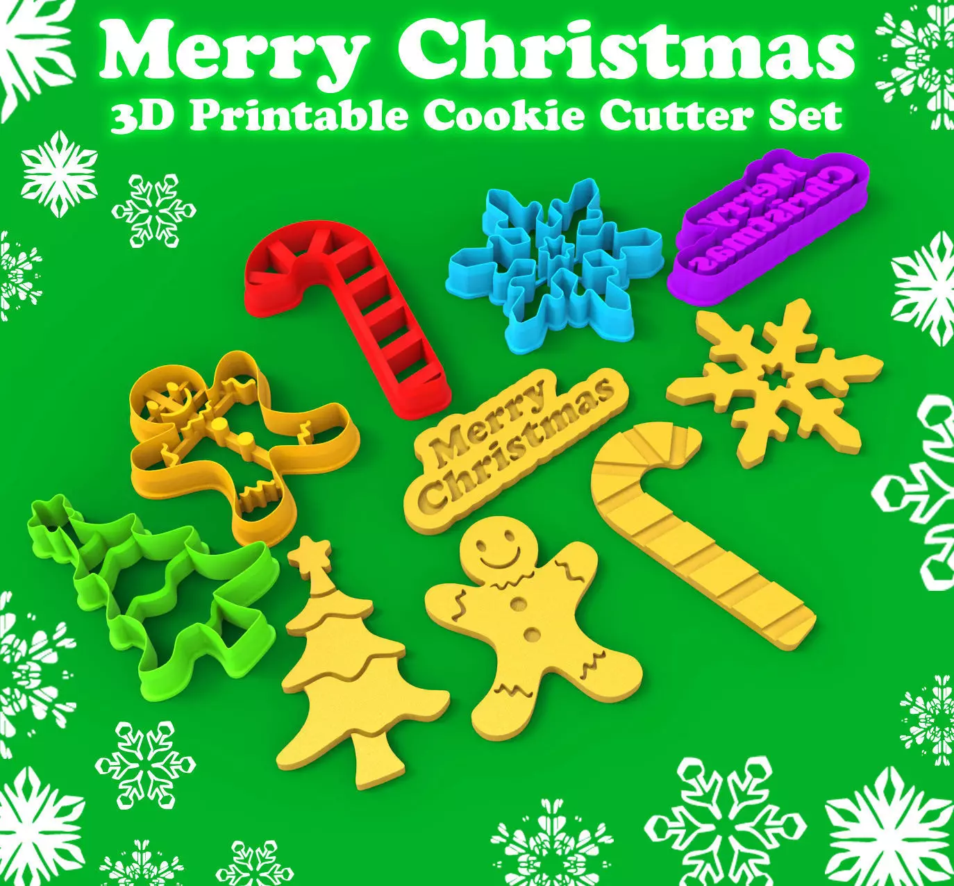Merry Christmas 3D Printable Cookie Cutter Set free 3D model | CGTrader