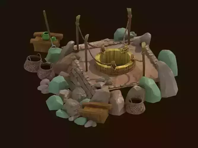 Cartoon  well stone  water vine tree fence  wooden fence