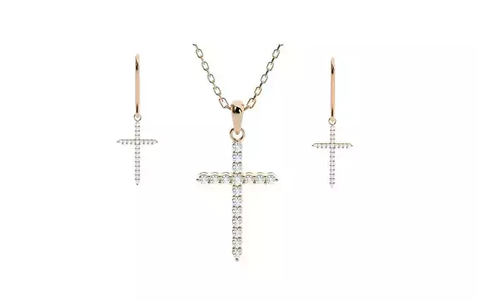 Jesus Holy Cross Diamond Pendant Earrings Set 3dm stl renders 