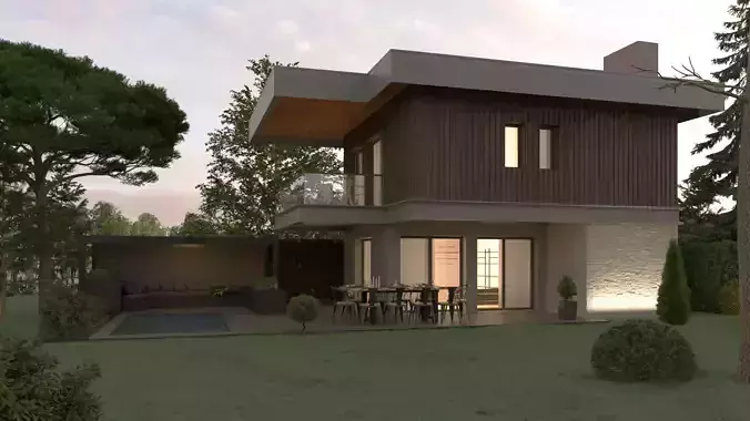 Loft Villa Cloudy and Sunset Full Scene 3D model