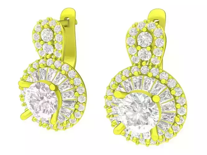 A7486 Baguette Diamond Halo Hoop Earrings 3D Model