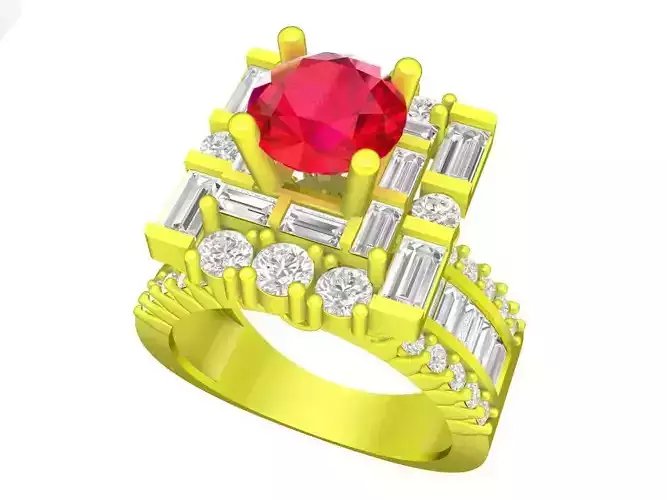 A7487 Korean Style Straight Baguette Diamond Engagement Ring 3D 