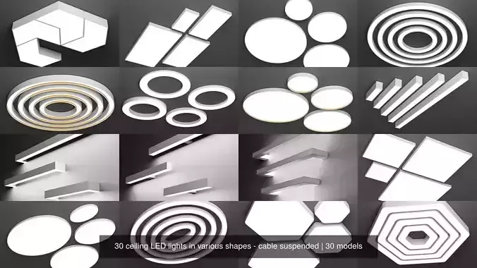 30 ceiling LED lights in various shapes - cable suspended 3D Model Collection