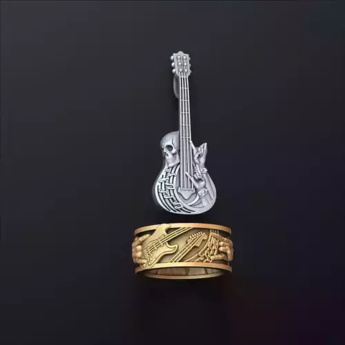 Rock N Roll Guitar Ring Pendant Set 3D print model