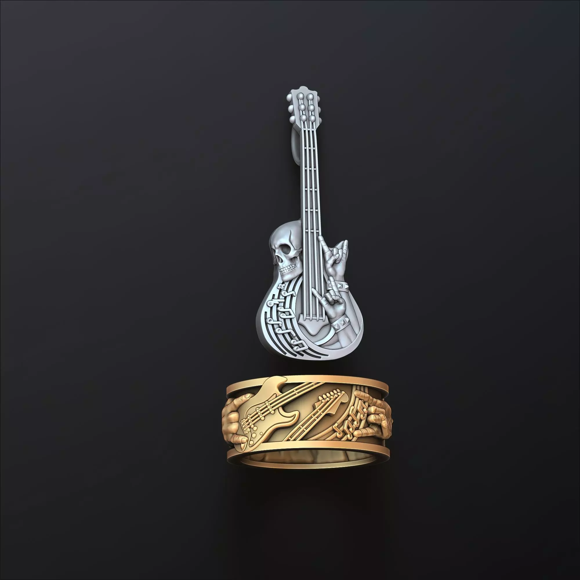 Rock N Roll Guitar Ring Pendant Set 3D print model_0