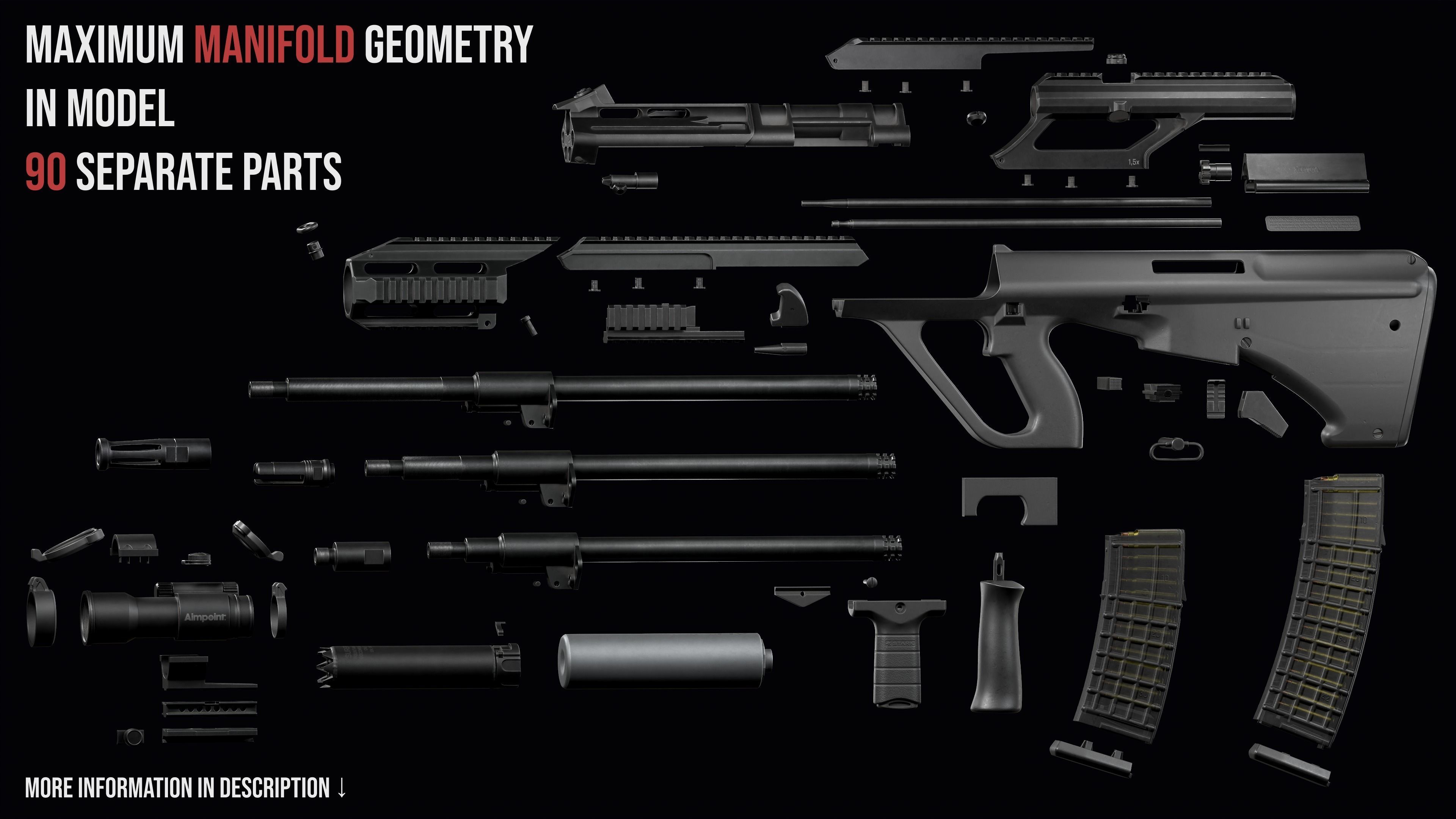 Tactical modular assault rifle Bullpup Steyr AUG A3 Low-poly 3D model_4