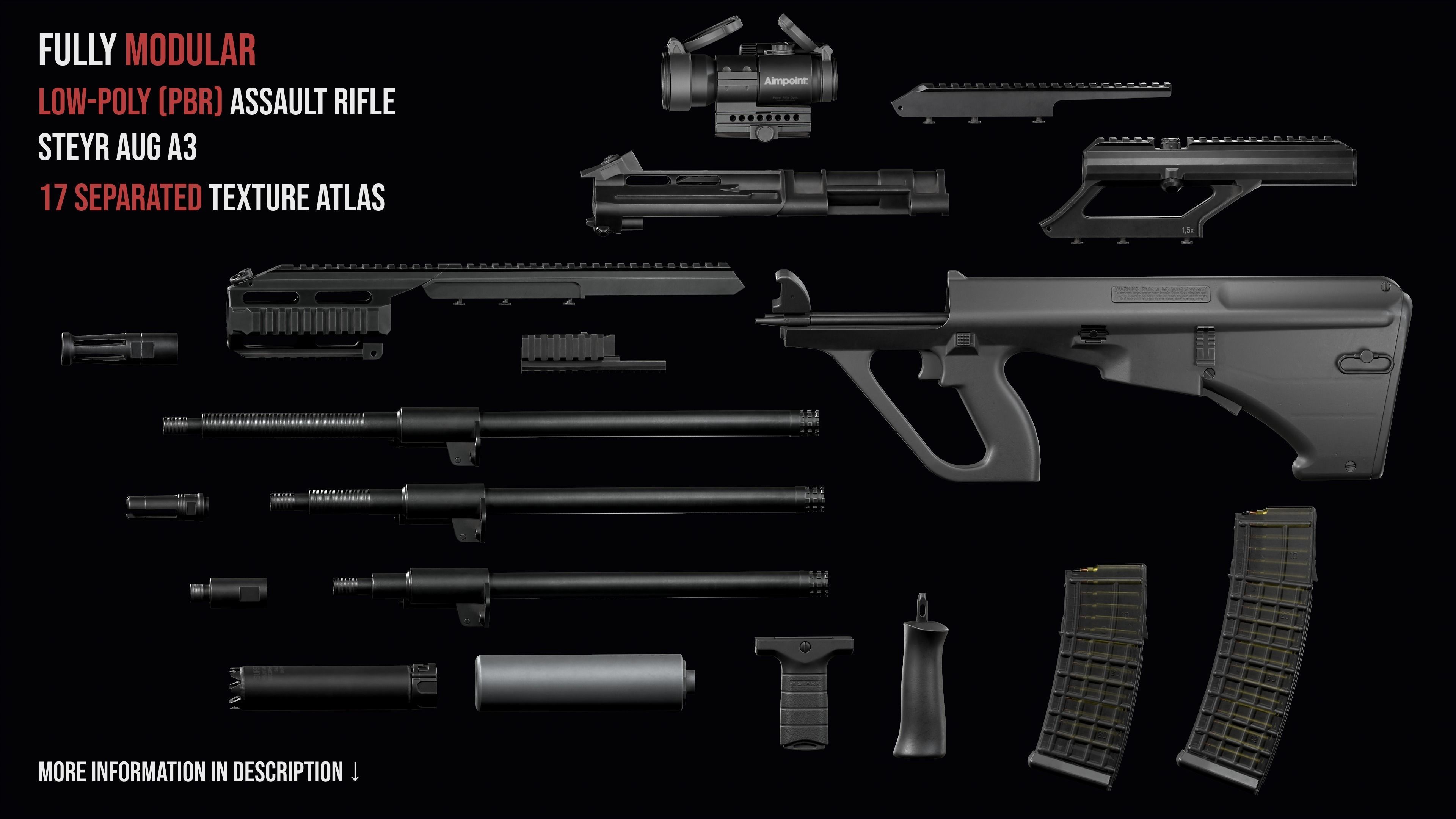 Tactical modular assault rifle Bullpup Steyr AUG A3 Low-poly 3D model_5