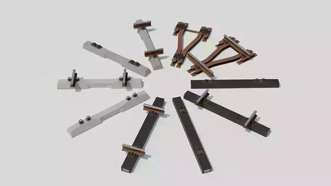Railway track with wooden concrete metal sleepers Low-poly 3D model