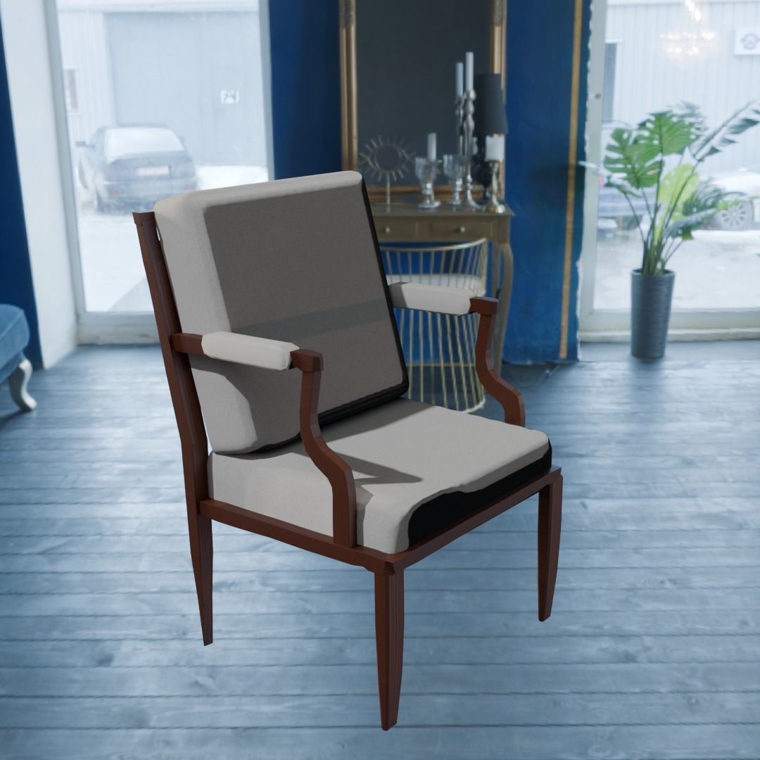 Vintage Wooden Arm Chair with Cushions 3D model_4