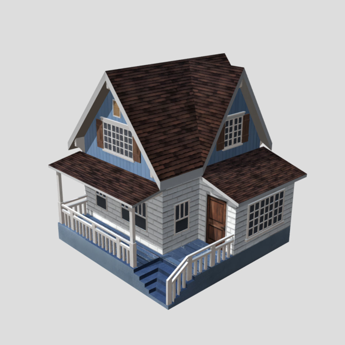 American Style Cottage - Town House Model Low-poly 3D model_1