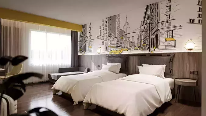 Bedroom Hotel - Contemporary Blend - Fbx - Obj 