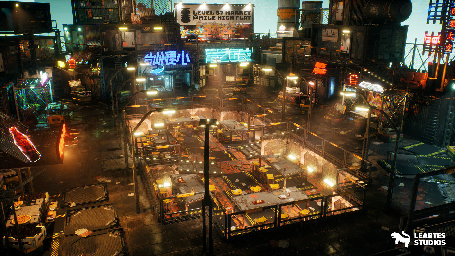 Cyberpunk Rooftop Market Environment Low-poly 3D model_8