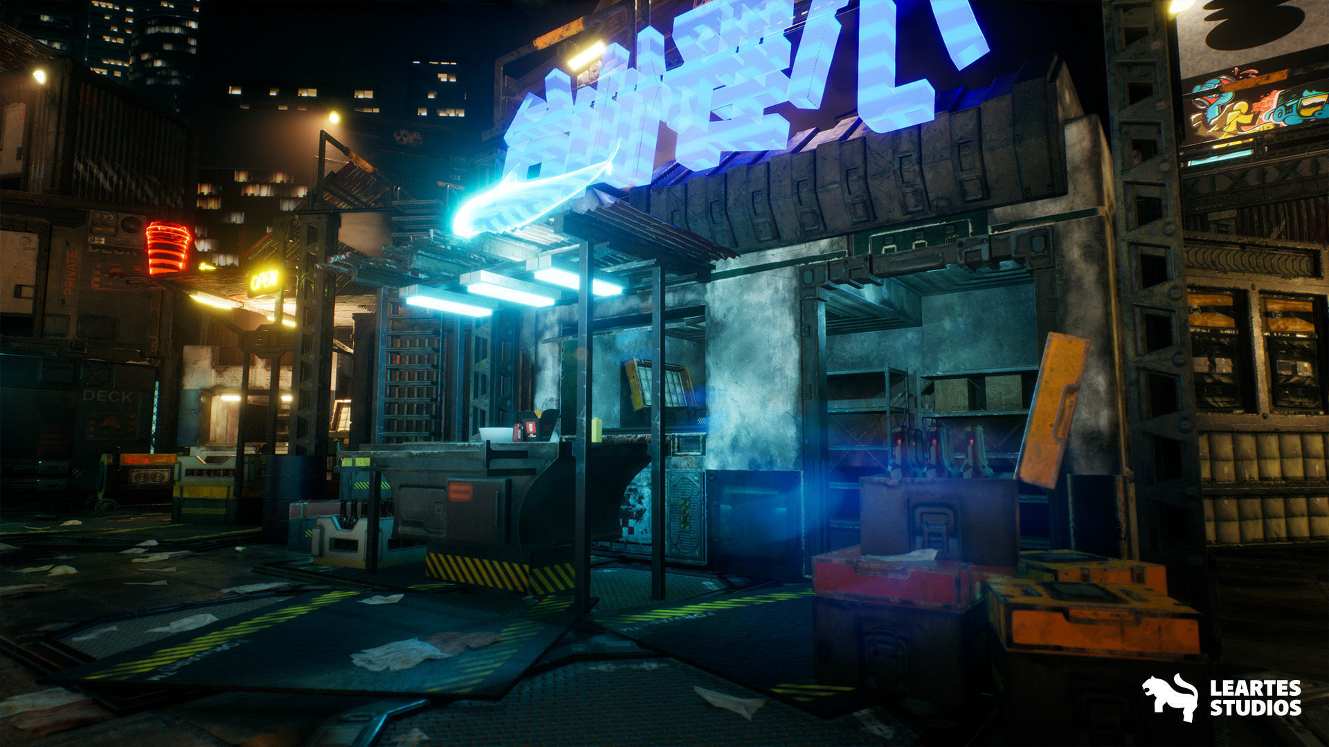 Cyberpunk Rooftop Market Environment Low-poly 3D model_11
