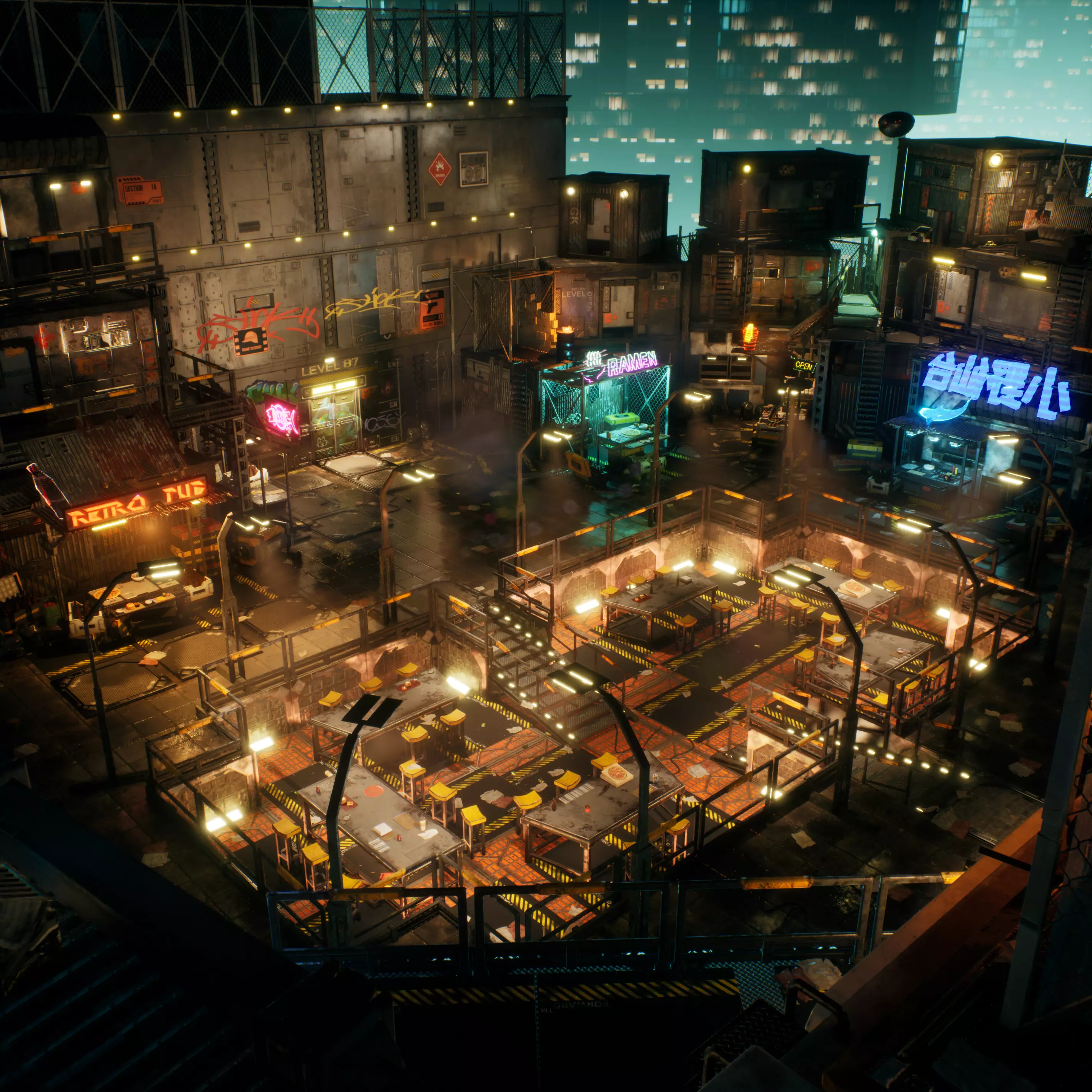 Cyberpunk Rooftop Market Environment Low-poly 3D model_0